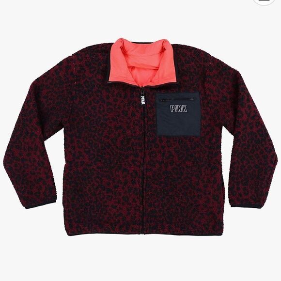 VS PINK teddy leopard zip up reversible jacket neon /animal print LARGE - Picture 3 of 9